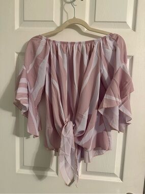 Women's Off-Shoulder Tie-Front Top - Dusty Rose Stripe